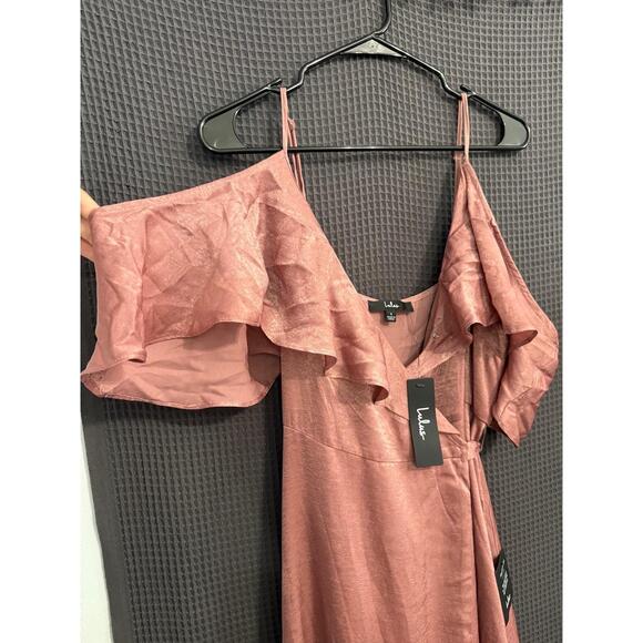 Lulus Mauve Pink Cold Shoulder Maxi Dress Ruffle Trim Women’s L Formal with tags - Picture 7 of 15